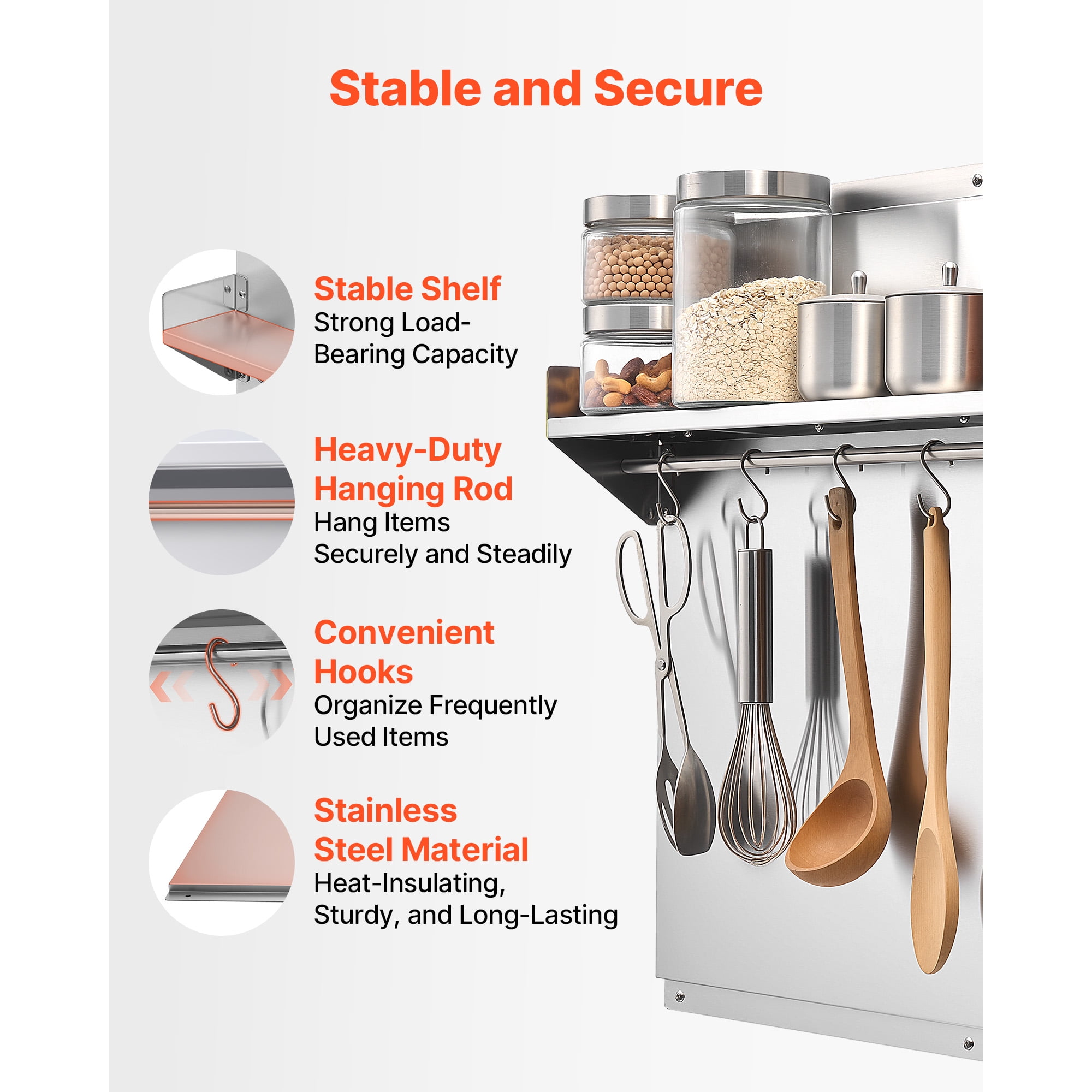 KFFKFF 30" x 24" Stainless Steel Stove Backsplash, Flat Splatter Guard with Shelf & Hanging Rack, Wall Protector Panel, Easy to Clean, Pre-Drilled Holes for Quick Installation