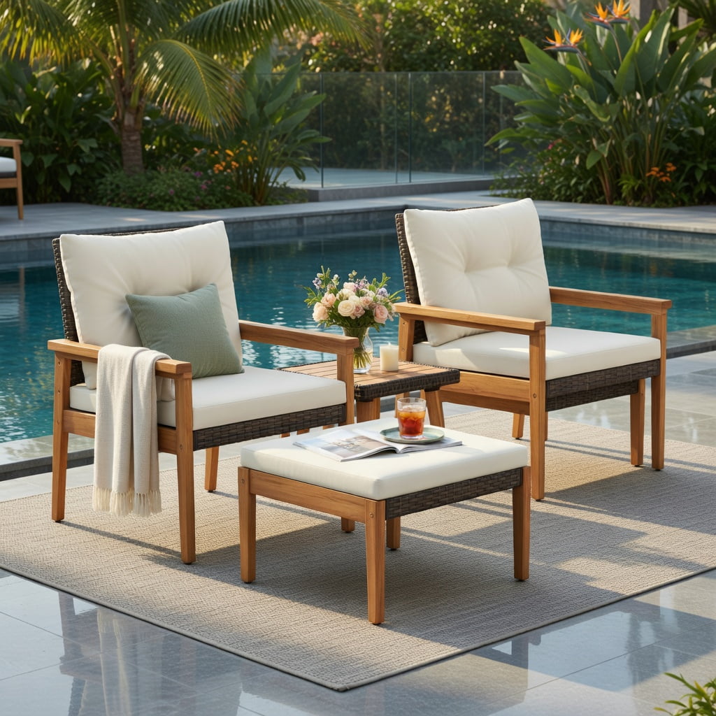 Hommoo 5-Piece PE Rattan Outdoor Furniture Set with Square Coffee Table & Matching Ottomans, Acacia Wood Frame, Weather-Resistant Wicker Patio Set for Backyard, Poolside & Porch, White