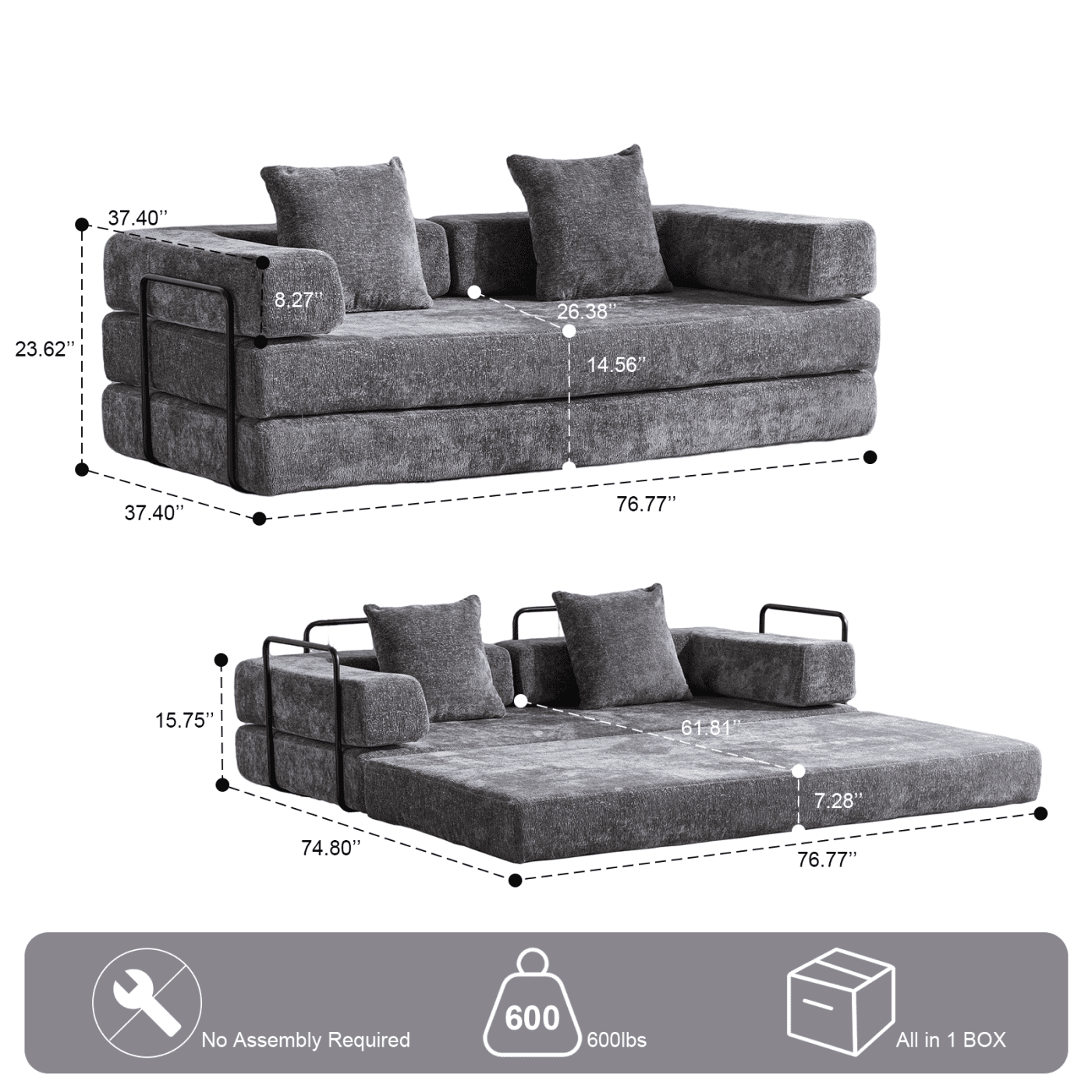 Jopath 76 Inch Convertible Sleeper Sofa Bed,Folding Floor Mattress Couch with Fixed-Shape Frame,Futon Boneless Couch Lounge Loveseat with Pull Out Bed, No Assembly Required,Dark Gray+Chenille