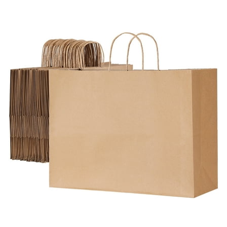 KFFKFF 50 pack Kraft Paper Bags with Handles 16 x 6 x 12 in, Large Gift Bags, Reusable and Recyclable Take-Out Sacks, Brown Shopping Bags, Plain Bulk Party Bags for Events, Business, Crafts