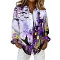 thumbnail image 2 of Halloween Shirts for Women Button Down Collared Novelty Halloween Party Graphic Womens Blouses Fall Clothes Long Sleeve Holiday Outfits Tops Light Purple XL, 2 of 7