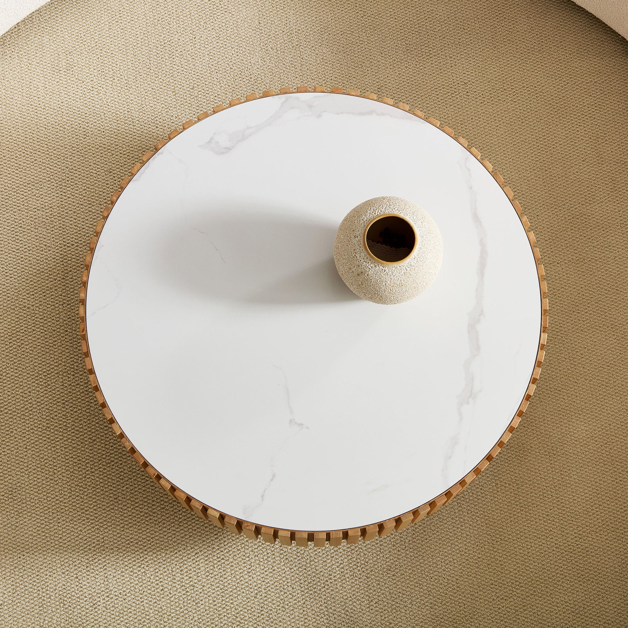 Noble House 35.43" Round Sintered Stone Coffee Table, Fluted Drum Pedestal, Modern Design for Apartment, Natural Ash