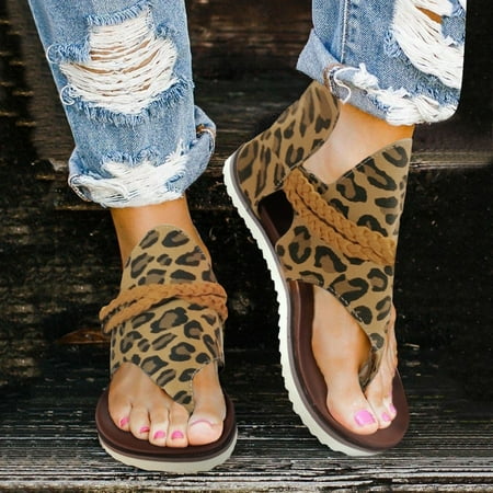 

Ladies Fashion Leopard Print Canvas Clip Toe Zipper Casual Flat Sandals