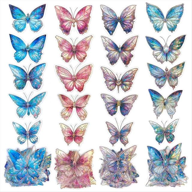 Pegatinas de mariposas holográficas al por mayor - 160 piezas, transparentes, brillantes, con contornos de lámina dorada 3D para manualidades.