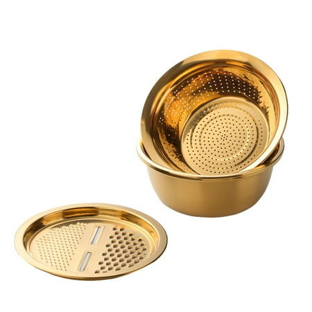 

CUTICATE 3 Pieces Vegetable Salad Maker Bowl Portable Rice Basket Stainless Steel Basin with Grater Vegetable Cutter for Fruits gold