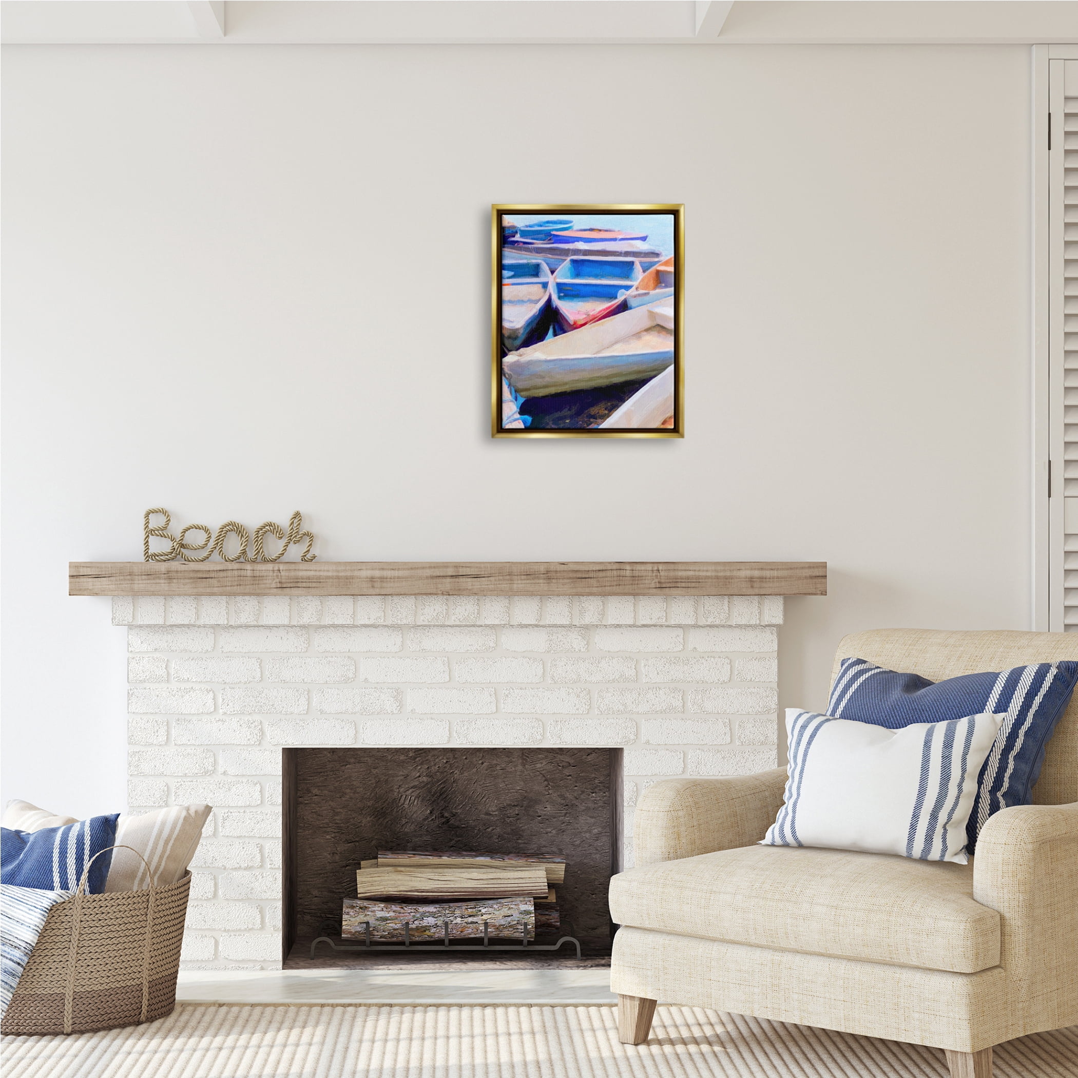 Stupell Industries Rowboats at Dock Painting Transportation Painting Gold Floater Framed Art Print Wall Art, 17 x 21