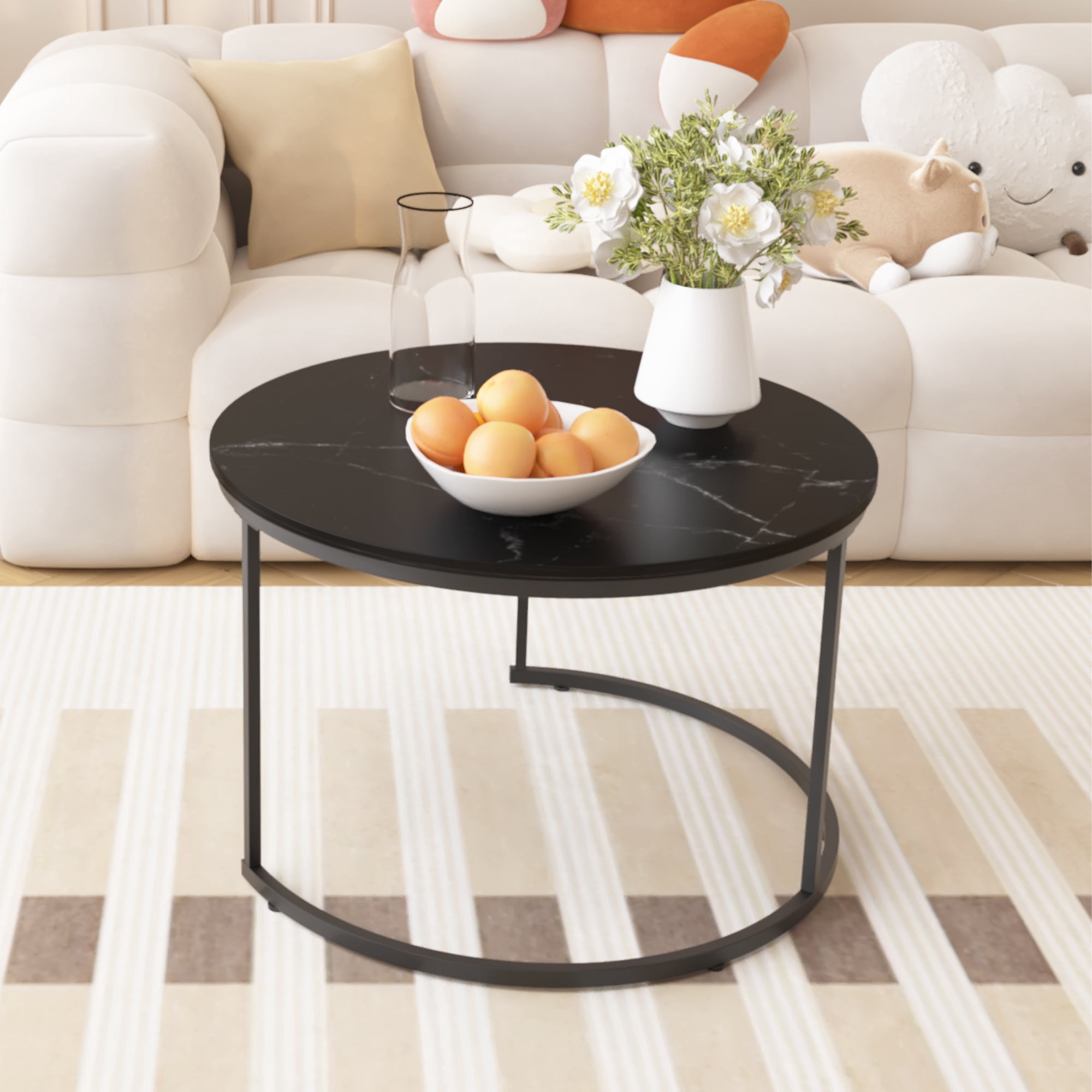 PORKISS Round Coffee Table Set of 2, 27.56" Nesting Center Tables for Living Room, 2-Piece Side Tables with Metal Frame for Living Room Home Office, Black