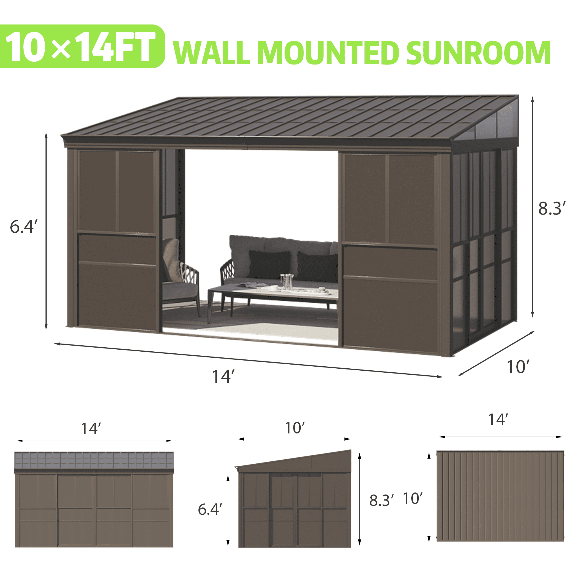 Erinnyees 10' x 14' Solarium Sunroom, All-Season Lean to Gazebo with Thickened PC Screen, Galvanized Steel Roof and Removable Door
