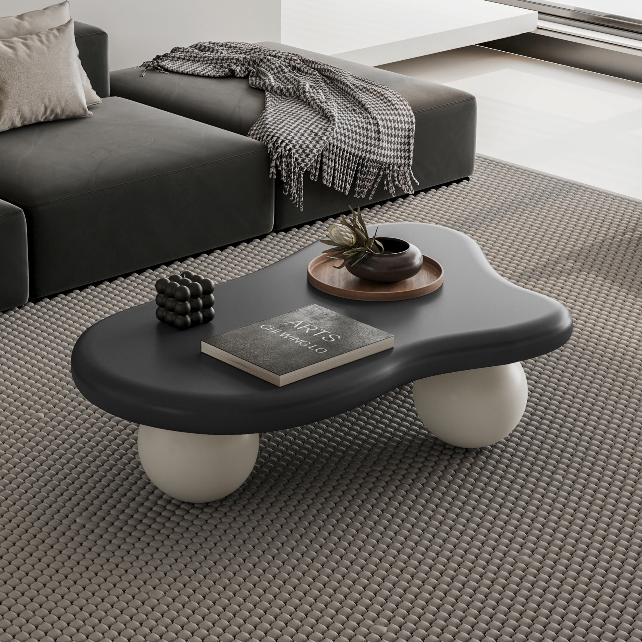 Noble House 40" Cloud Shaped Coffee Table with Ball Legs, Modern Aesthetic Accent Table for Living Room, Black Top White Legs