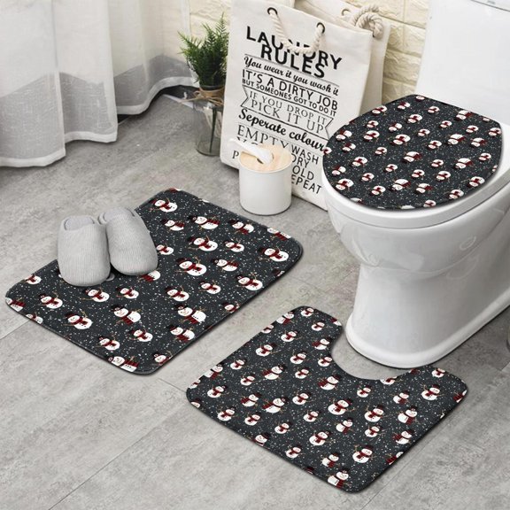 Black Christmas Snowman Pattern Bathroom Rugs Sets 3 Piece,Toilet Cover Set,Absorbent Non Slip Bathroom Mats Sets with U-Shaped Contour Rug Toilet Rug Set