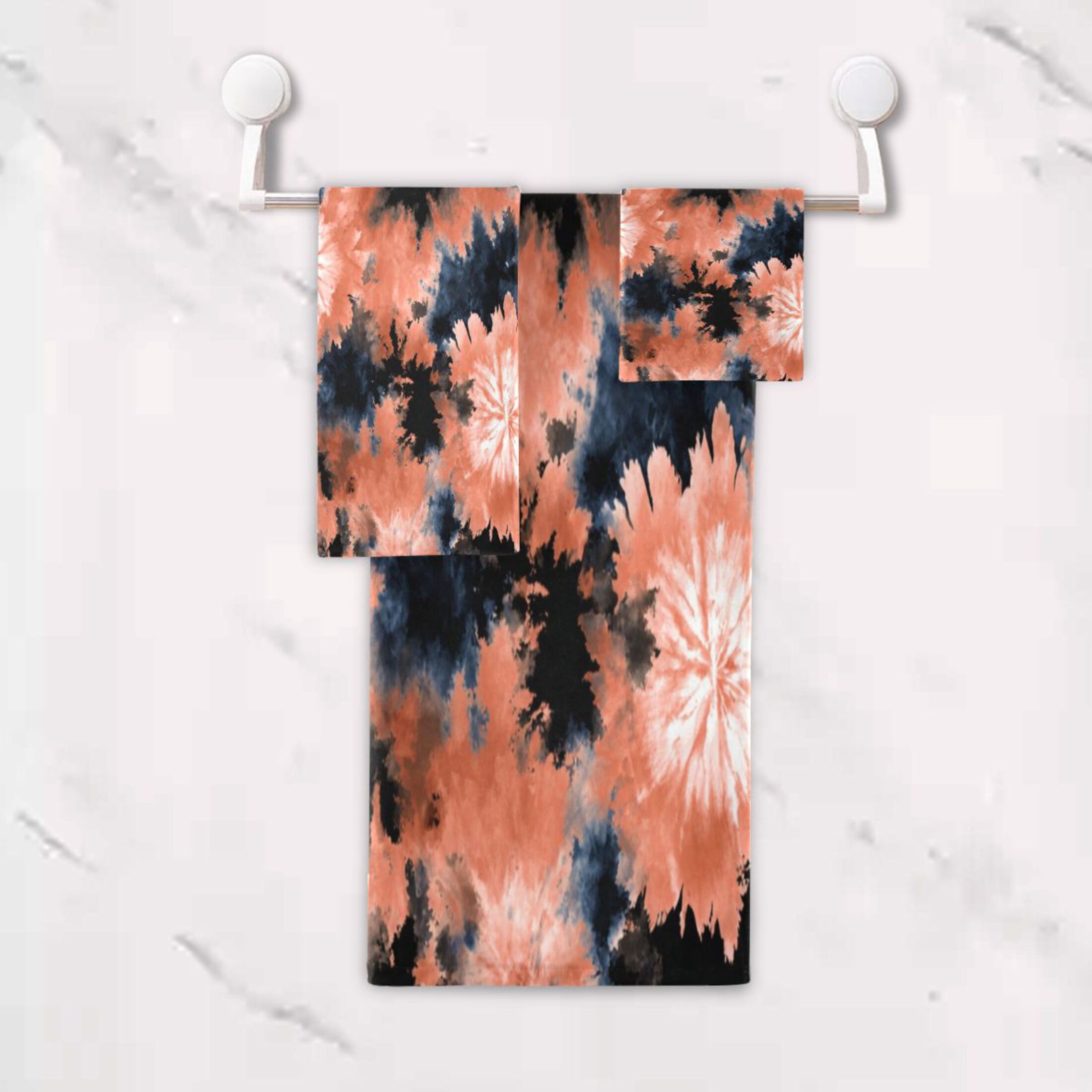 3 Piece Bath Towels Set Bath Towel, Hand Towel and Face Towel for Bathroom, Gym, Hotel Coral and Black Tie-dye Pattern