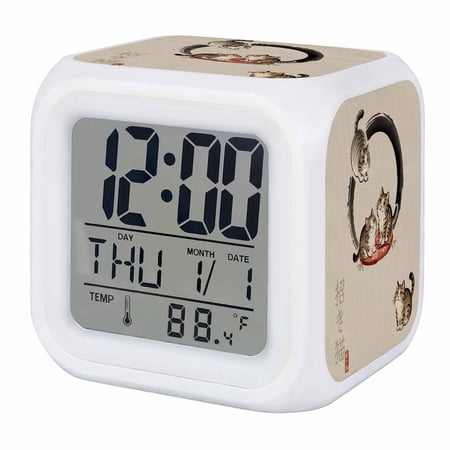 Alarm Clocks Lucky Cat Digital Clock 7 Color LED Night Light Silent Non-Ticking Battery Operated Cute Japanese Style Linen Cube Clocks Decorative for Bedroom Bedside Living Room Office School Decor