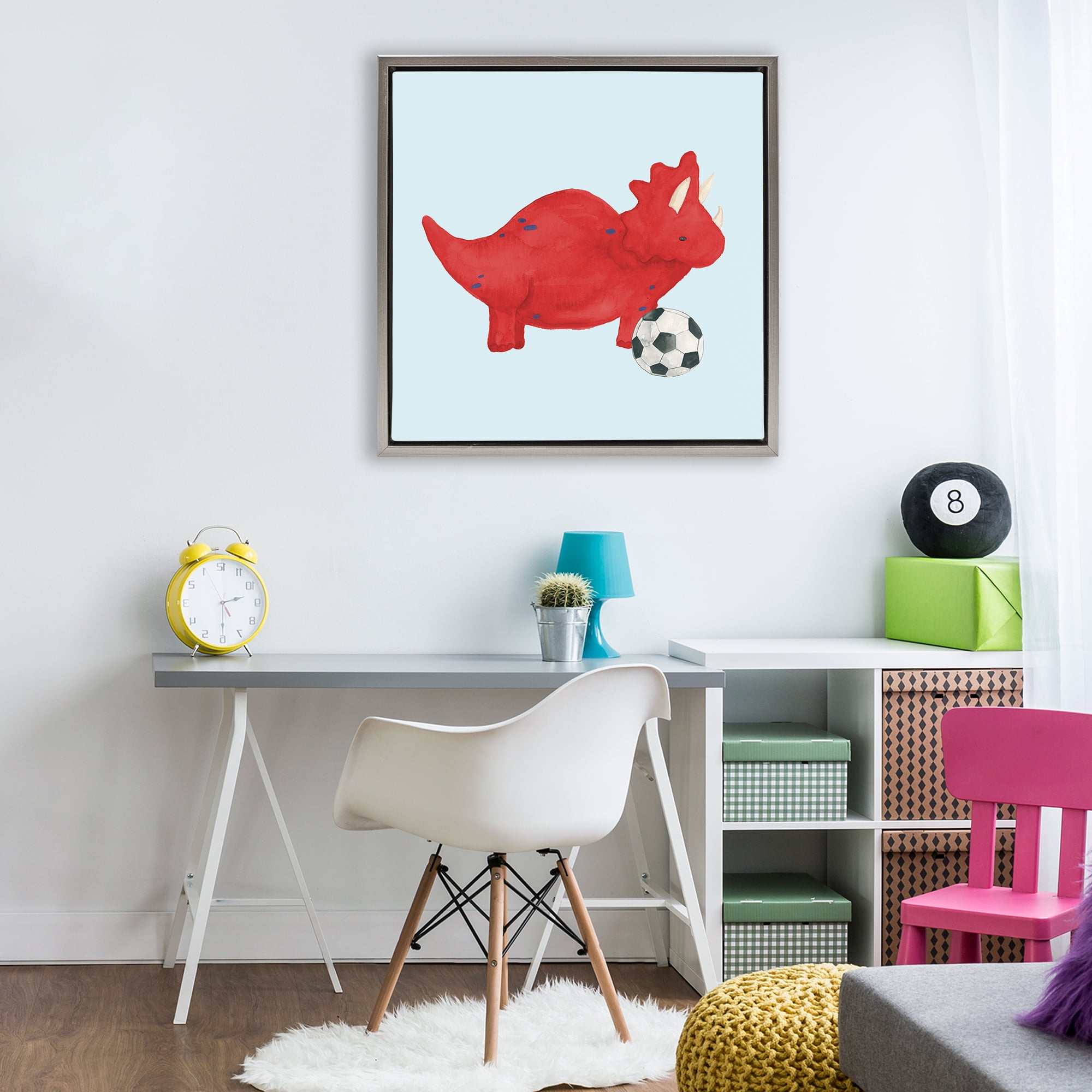 Stupell Industries Baby Dino with Ball Gray Framed Floater Canvas Wall Art, design by Lucille Price