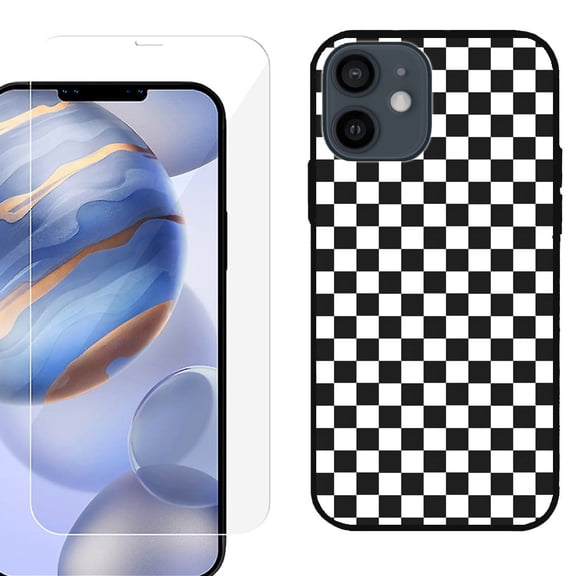 Slim-Fit Protective Phone Case (Black) compatible with iPhone 12 / iPhone 12 Pro, with Tempered Glass Screen Protector, by OneToughShield ® - Checker B/W