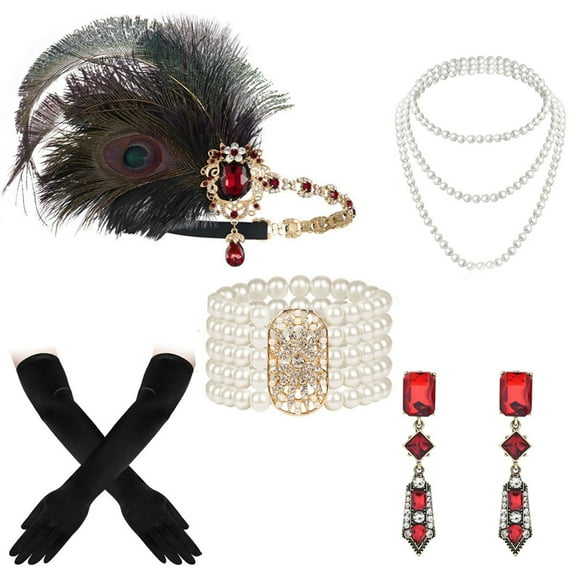 1920s Flapper Set Feather Headpiece Roaring 20s Gatsby Hair Accessories for Women (Peacock Red)