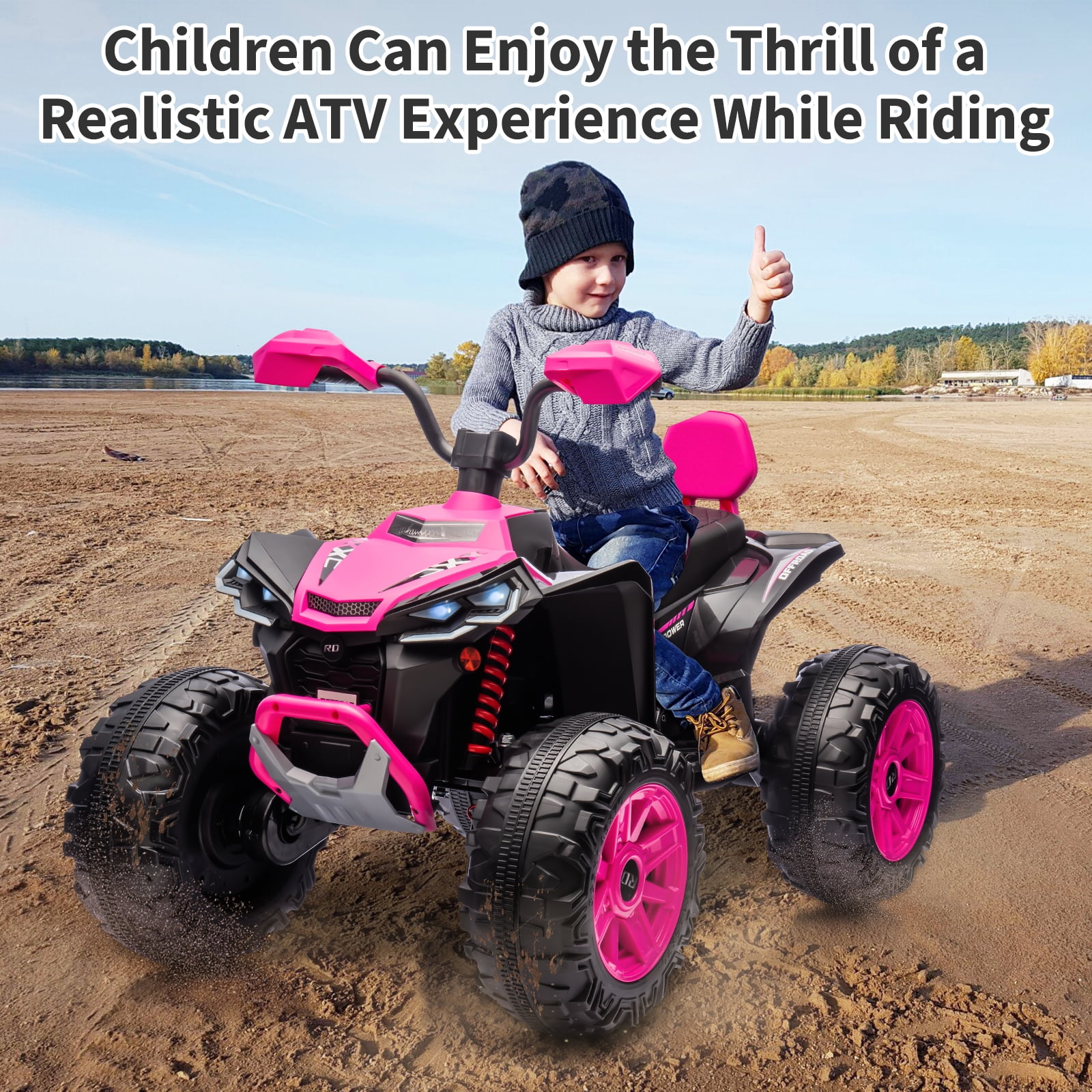 24V 2 Seater Kids ATV, 4-Wheeler Electric ATV, Off-Road Dirt Quad Car with Powerful Motors, 14.4" Wheels, High Low Speed, Music, LED Lights, Best Gift for Boys and Girls