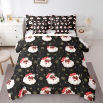 Homewish Santa Claus 7pcs Bedding Comforter Set for Teens Boys Girls,Golden Snowflake Queen Bedding Sets Super Cozy,Xmas Festival Queen Sheet Sets,Lightweight Room Decor,Reversible