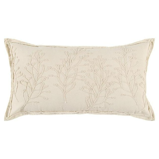 HomeRoots 403486 Beige Botanical Pattern Embroidered Lumbar Pillow, Natural