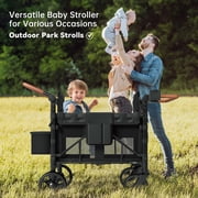 Vipsafe Foldable Wagon Stroller for 4 Kids, All-Terrain Convertible Baby Stroller for Toddlers with 5-Point Harness, Foot Brake, 9-Level Adjustable Handle, Removable Canopy, Black