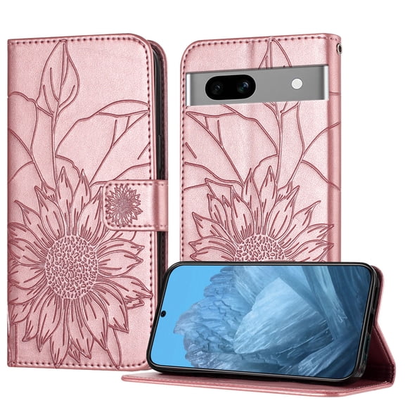 ELEHOLD Case for Google Pixel 7A, Sunflower Embossed Leather Wallet Case with Magnetic Closure & Kickstand,Rosegold
