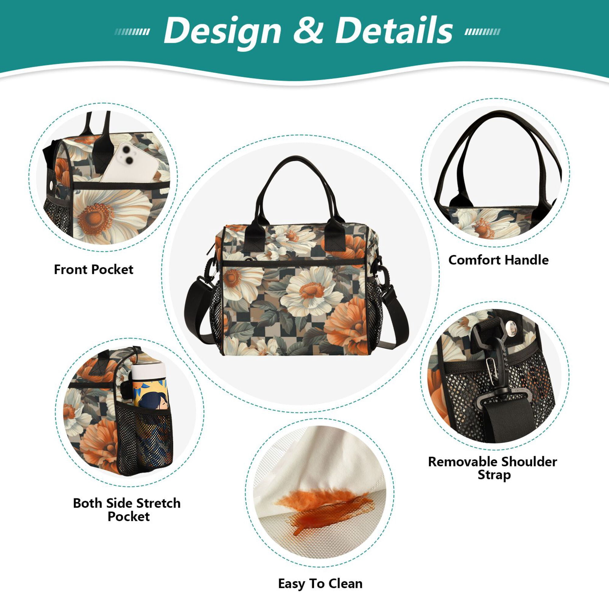 FORMRS Insulated Lunch Bag for Work School Unisex Large Capacity Cooler with Shoulder Strap, Gray Floral Pattern