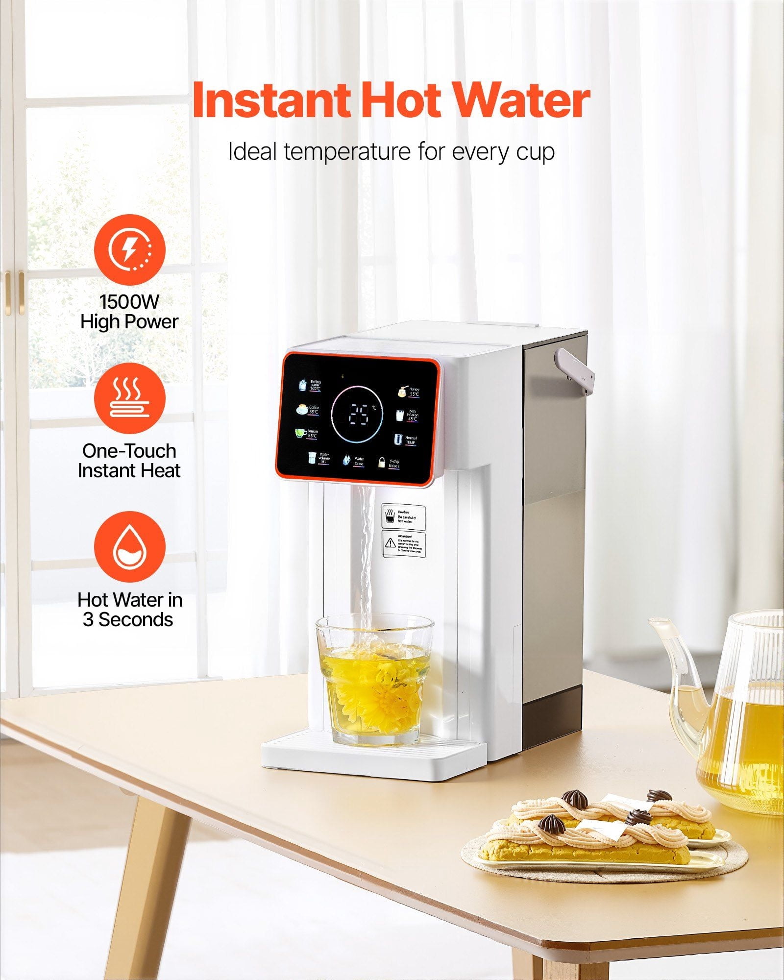 Countertop Hot Water Dispenser with 6 Adjustable Temps & 7 Volume Selections - 101oz Large Capacity