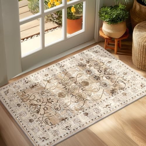 Washable Area Rug, 2x3 Small Entryway Rug Non-Slip Vintage Floral Rug with Rubber Backing, Low Pile Non-Shedding Soft Distressed Floor Carpet for Indoor Door Mat, Kitchen, Laundry Bathroom
