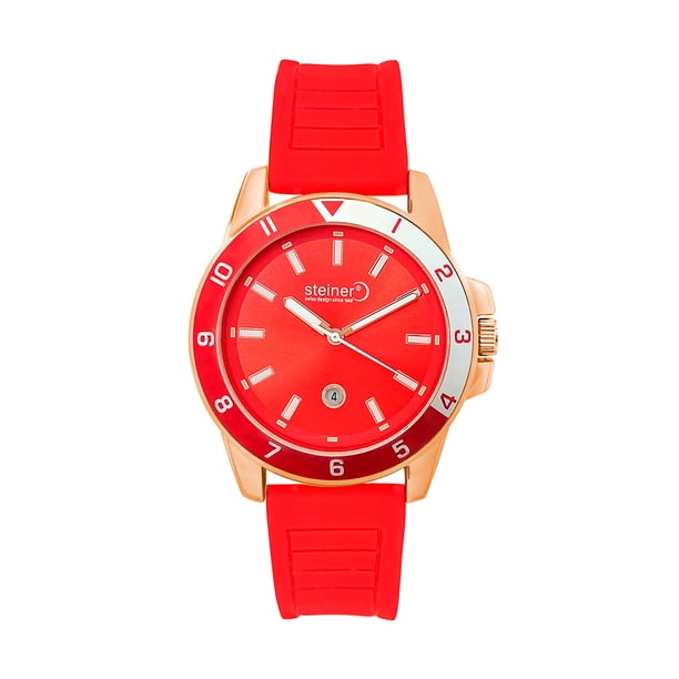Reloj De Caballero Con Fechador Steiner 43 mm Correa de Silicona Bisel Bicolor Rojo