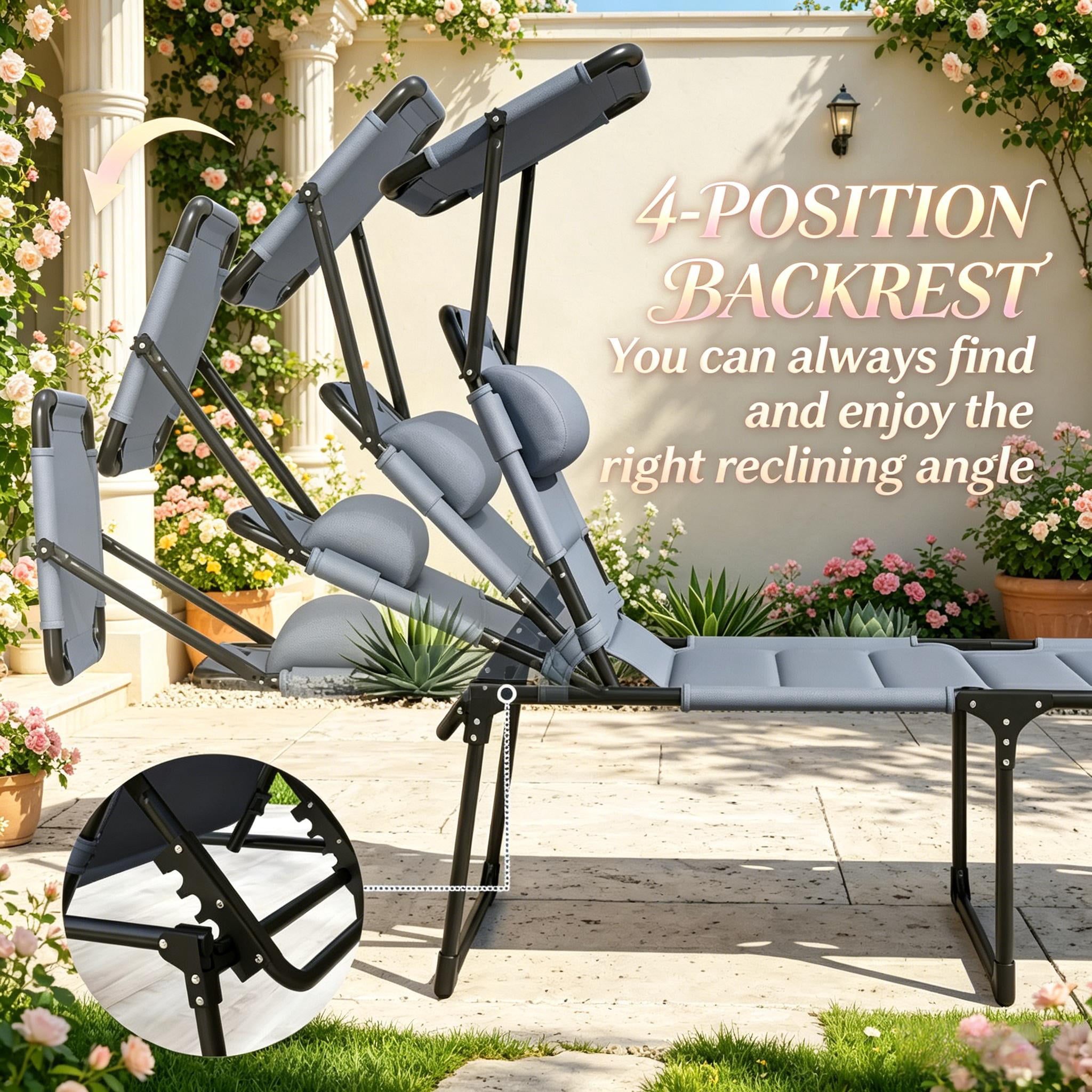 Foldable Outdoor Reclining Sun Lounger with Adjustable Sun Canopy, 4-Position Backrest Patio Chaise Lounge with Washable Pillow, 264 LBS Capacity Steel Frame