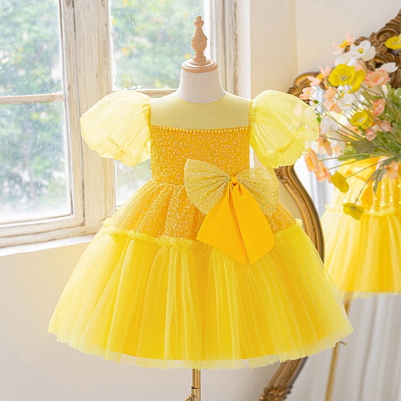 Easter Dresses Summer Western Style Cute Summer Dresses for Girls Casual Spring Dress (Yellow,5-6 Years)