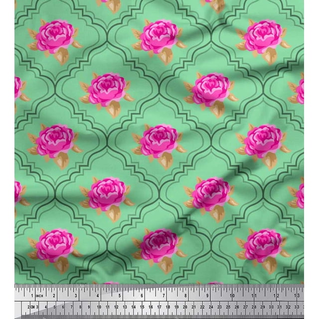 Soimoi Tissu Crêpe polyester Design Quatrefoil, Imprimé Floral Feuilles & Roses Tissu au Mètre 42 Pouces de Large