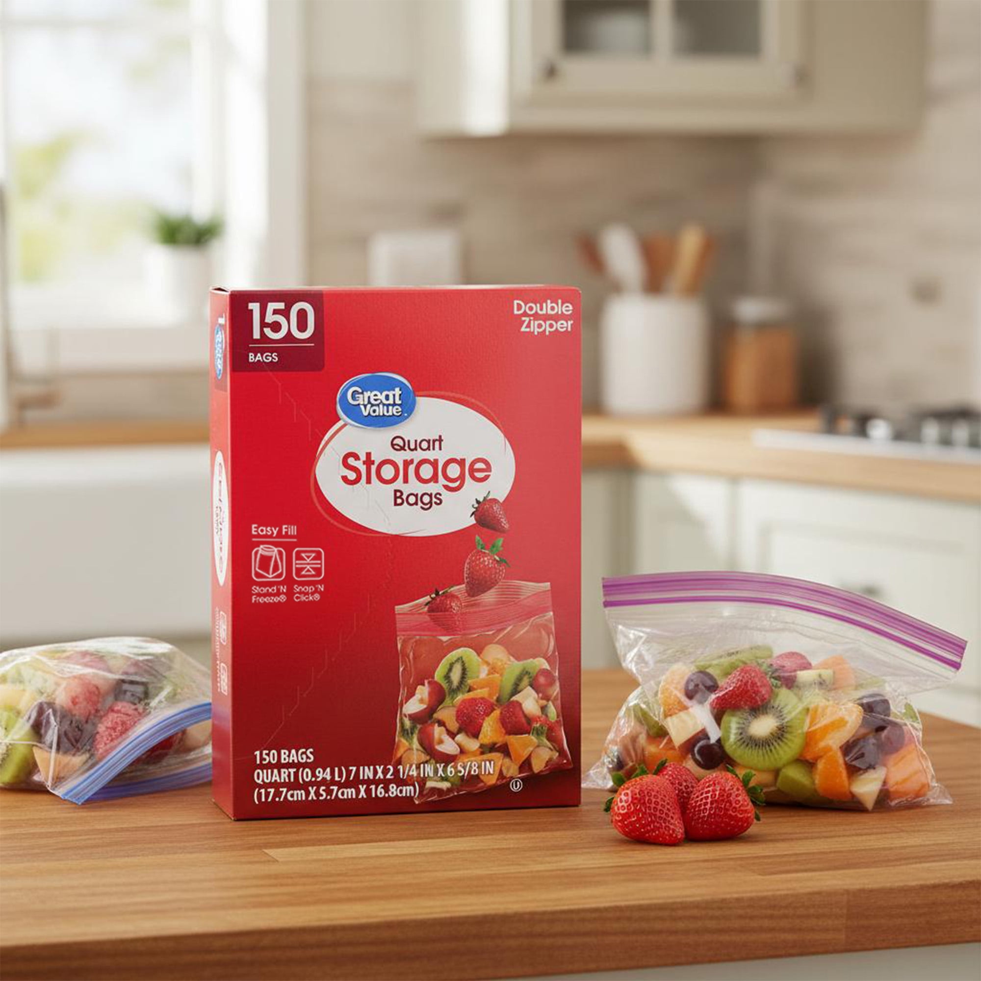 Great Value Double Zipper Quart Storage Bag, 150 Count