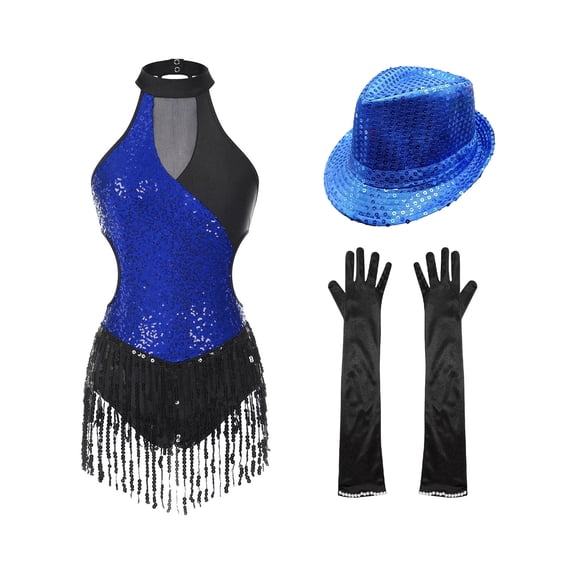 Xnihocha Women Sequins Tassel Latin Dance Dress Fringed Leotard Gloves Hat Tango Jazz Dance Outfit Royal Blue XXL