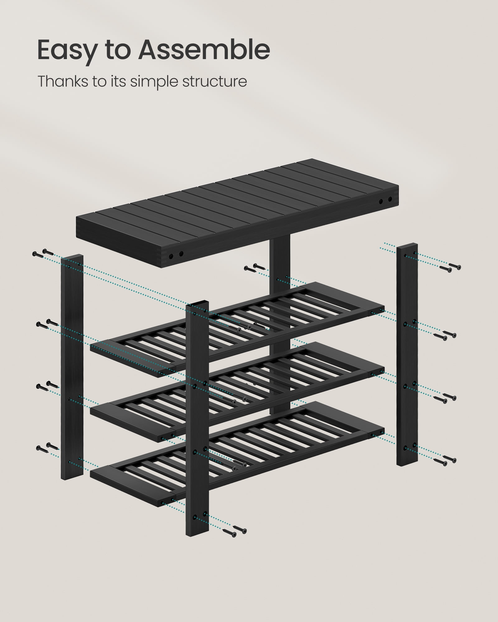 SONGMICS Shoe Rack Bench, 3 Tier Bamboo Shoe Storage Organizer, Entryway Bench, for Living Room, Bathroom, Bedroom, 11.3 x 27.6 x 20.5 Inches, Ink Black