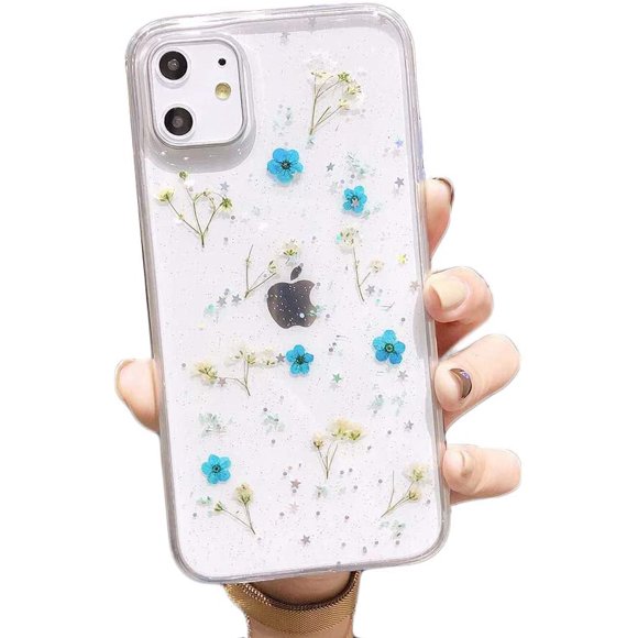 Compatible with iPhone 11 Flower Case, Feibili Soft Clear Flexible Rubber Pressed Dry Real Flowers Case Girls Glitter Floral Cover Clear case with Flowers for iPhone 11