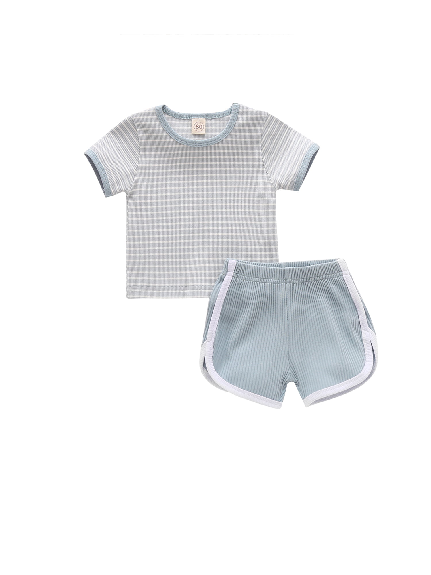 Toddler Baby Girl Boy Ribbed Pajamas Set Knit Stripe Short Sleeve Shirts Top+Shorts Pants 2Pcs Summer Outfit 