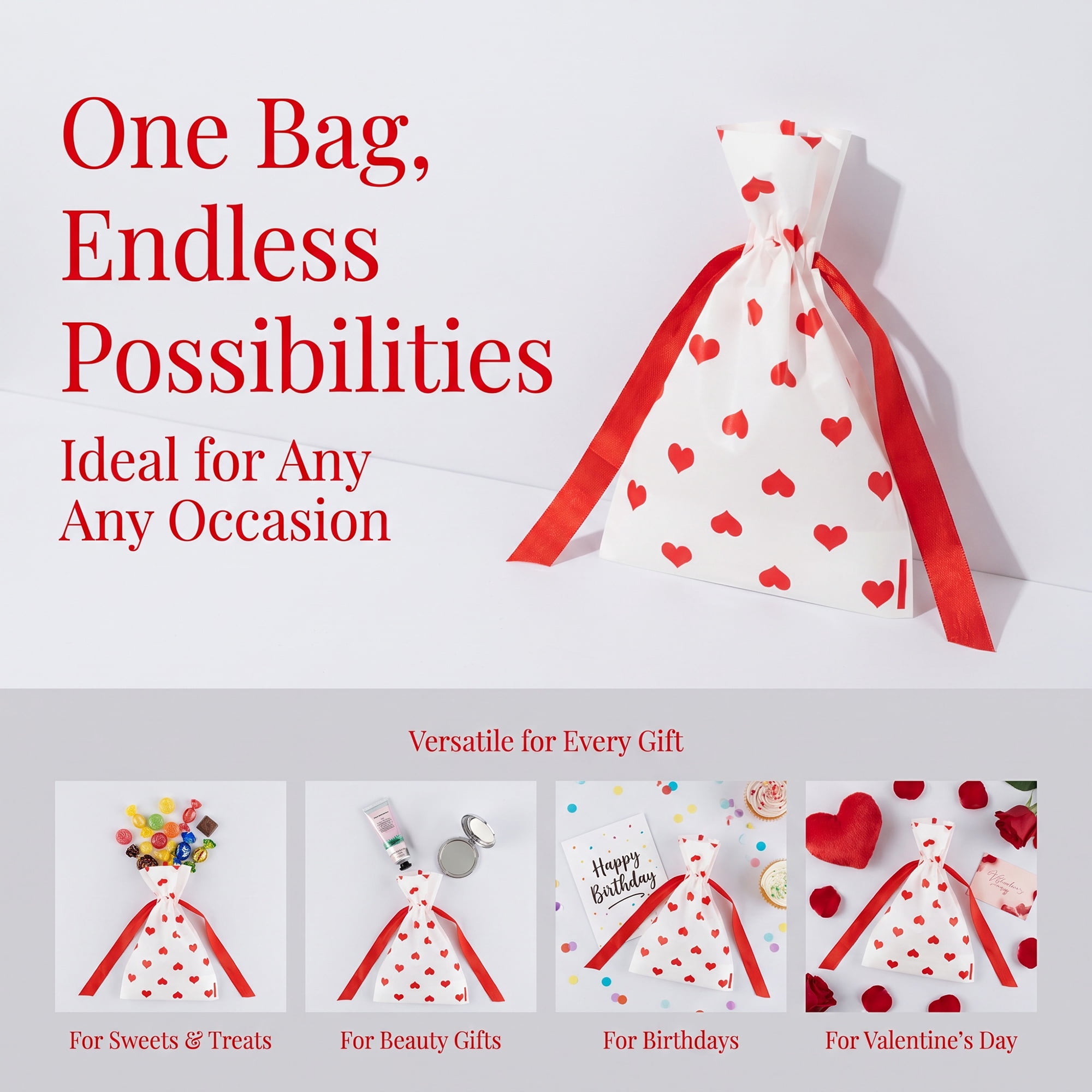 Unique Bargains 10Pcs Waterproof Gift Bags with Handles Red Heart Pattern 4.7" x 6.7"
