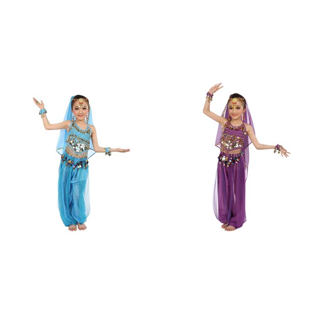 (2-Pack) Rinsvye Kids Belly Dance Glitter Mesh Performance Outfit Festival Wear Stage Show Net Skirt Top Set Dance Party