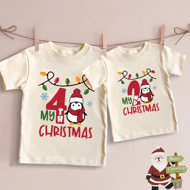 Camiseta retro beige para niños del día de Navidad, camisetas de manga corta para niños de 1 a 5 años, conjuntos para el día de Navidad, el mejor regalo para hermanos y hermanas