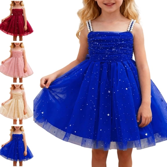 Bmisegm Girls' Dresses Carnival Pearl Embellished Spaghetti Strap Ruched Bodice Allover Embellished Tutu Skirt Party Kids Dress 6-7 Years
