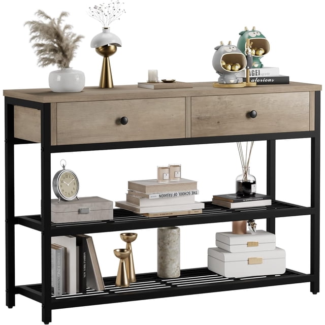 QinaQin Modern Console Table with 2 Drawers and 2-Tier Open Shelves for Entryway or Dining Area