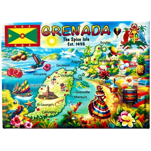 Grenada Graphic Map and Attractions Souvenir Fridge Magnet 2.5" X 3.5"