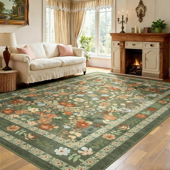 Washable Floral Rug 6'x9', Soft Low-Pile Area Rug, Bohemian Non-Slip Living Room Rug, Green Floral