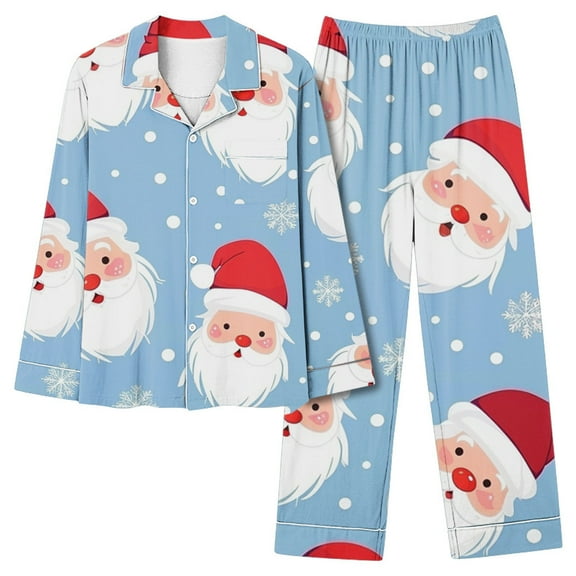 Lorytime Christmas Pjs Set for Women Santa Claus Long Sleeved Collared Tops Elastic Waist Pants Cozy Sleepwear Gift