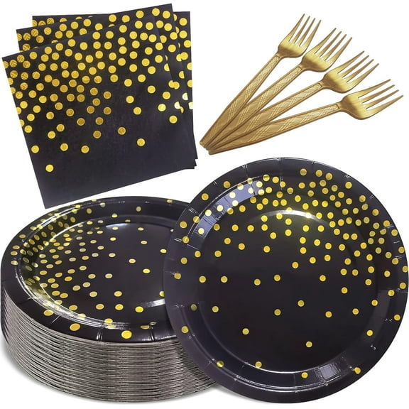 PUMIER 105 PCS Gold Dot Disposable Party Supplies Set - 35 Dessert Plates, Napkins, Forks (7 Inch) for 35 Guests - Wedding, Birthday, Anniversary Table