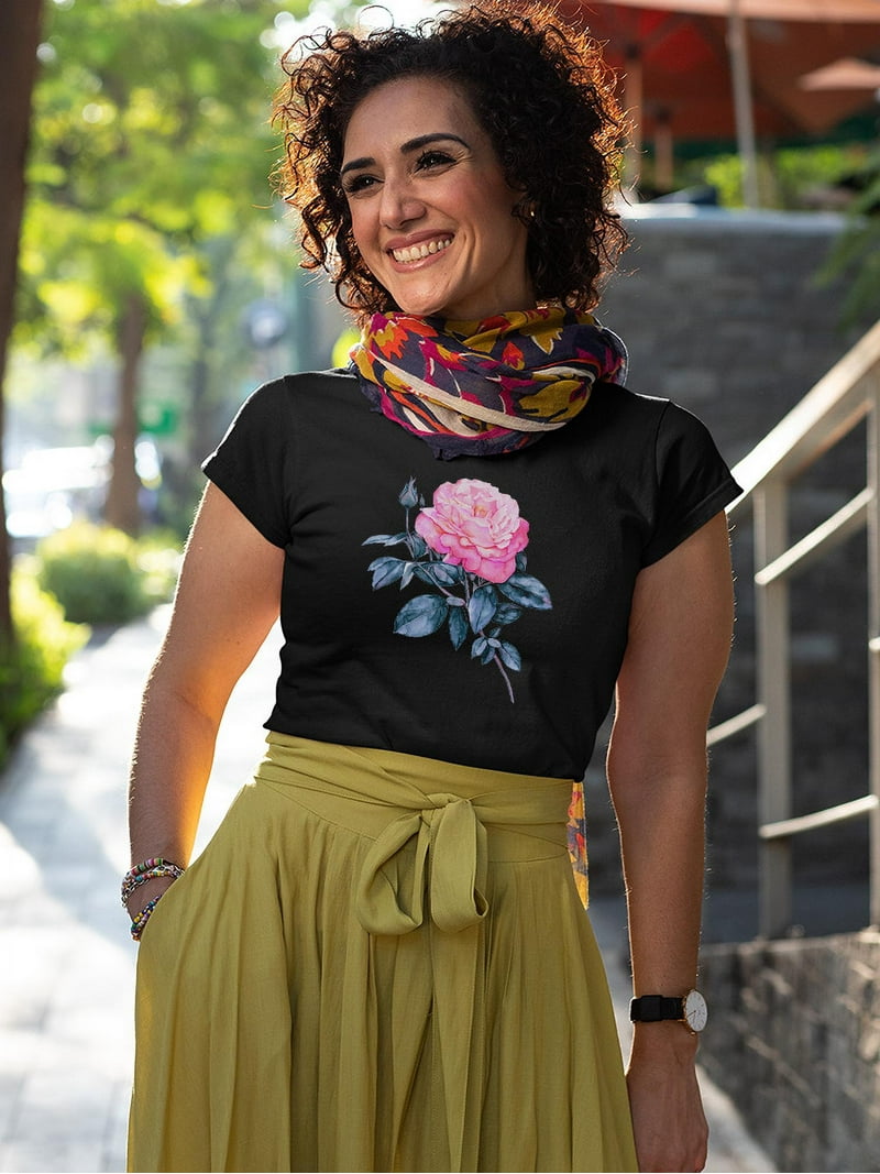 Big Pink Rose With Black Leaves T-Shirt Women -Image by