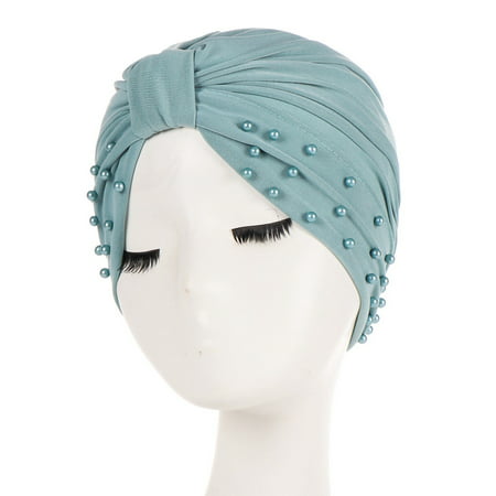 KABOER 1 Pcs Women Muslim Hijab Hat Turban Beads Decor Solid Color Cap Headwear Cancer Hat