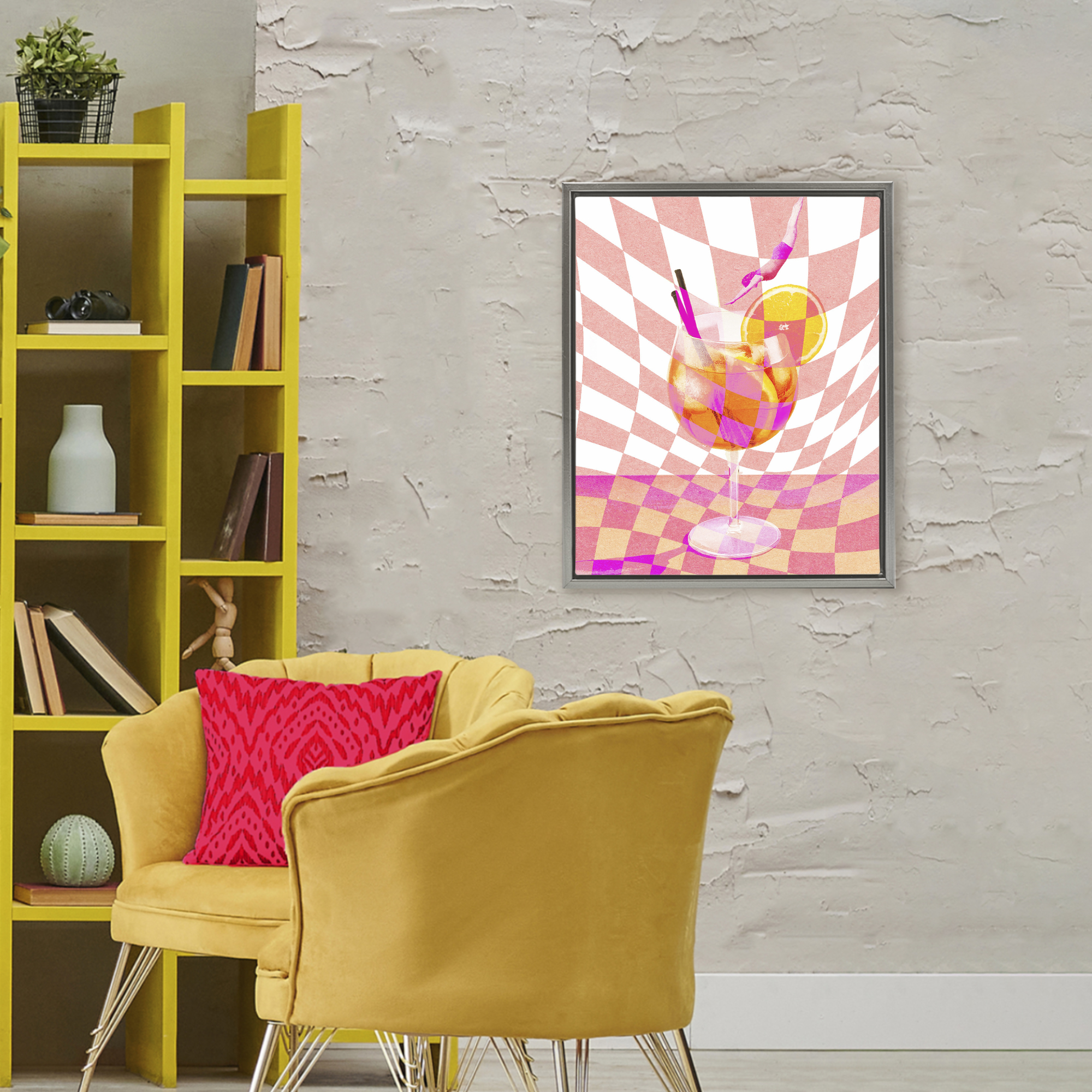 Retro Checkered Summer Cocktail Gray Framed Floater Canvas Wall Art, design by Lil' Rue