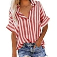 thumbnail image 2 of Summer Blouses Fashion Sawvnm Women Fashionable Imitation Striped Short Sleeved Casual Short Sleeved Collar With Half Open Button Up Shirt Top Gifts for Women Red L, 2 of 7