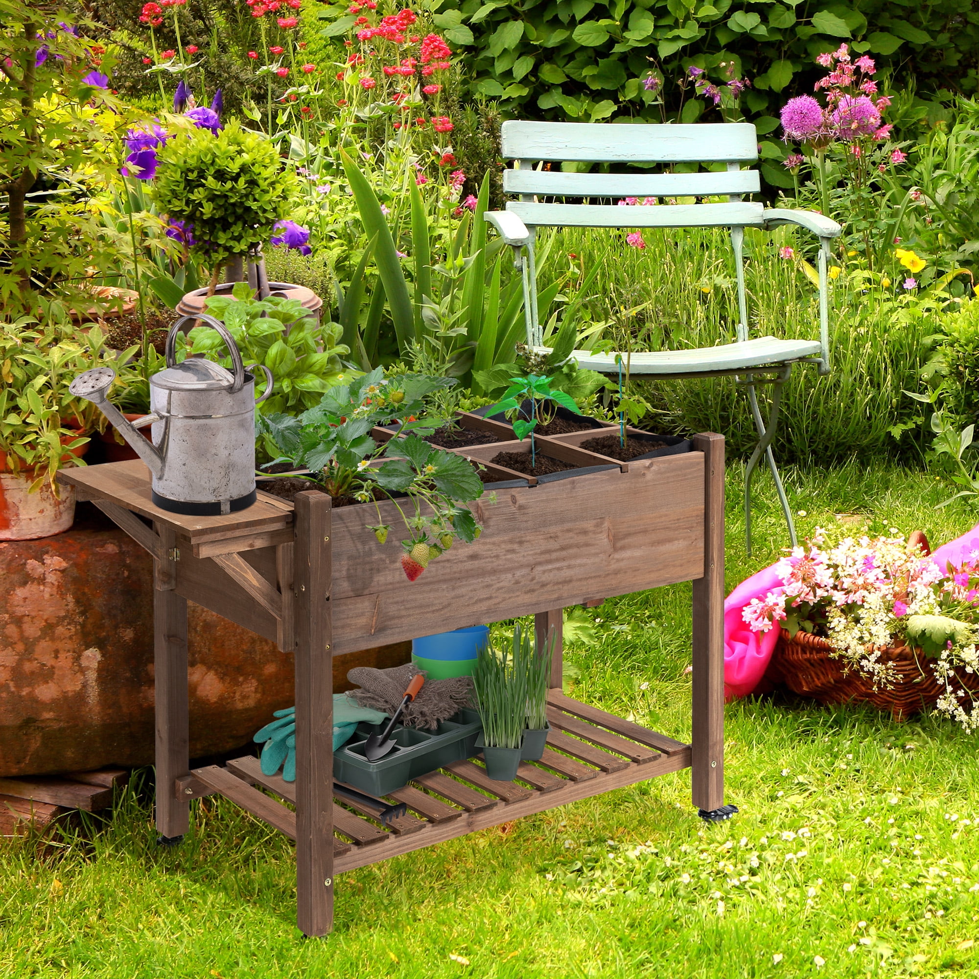 Raised Garden Bed with 8 Grow Grids, Wooden Outdoor Plant Box Stand with Folding Side Table and Wheels, for Vegetables, Flowers, Herbs, Brown